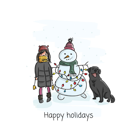 Illustratieve kerstkaart met meisje, hond en sneeuwpop