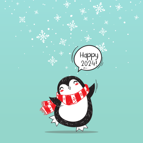 Vrolijke nieuwjaarskaart met dansende pinguïn